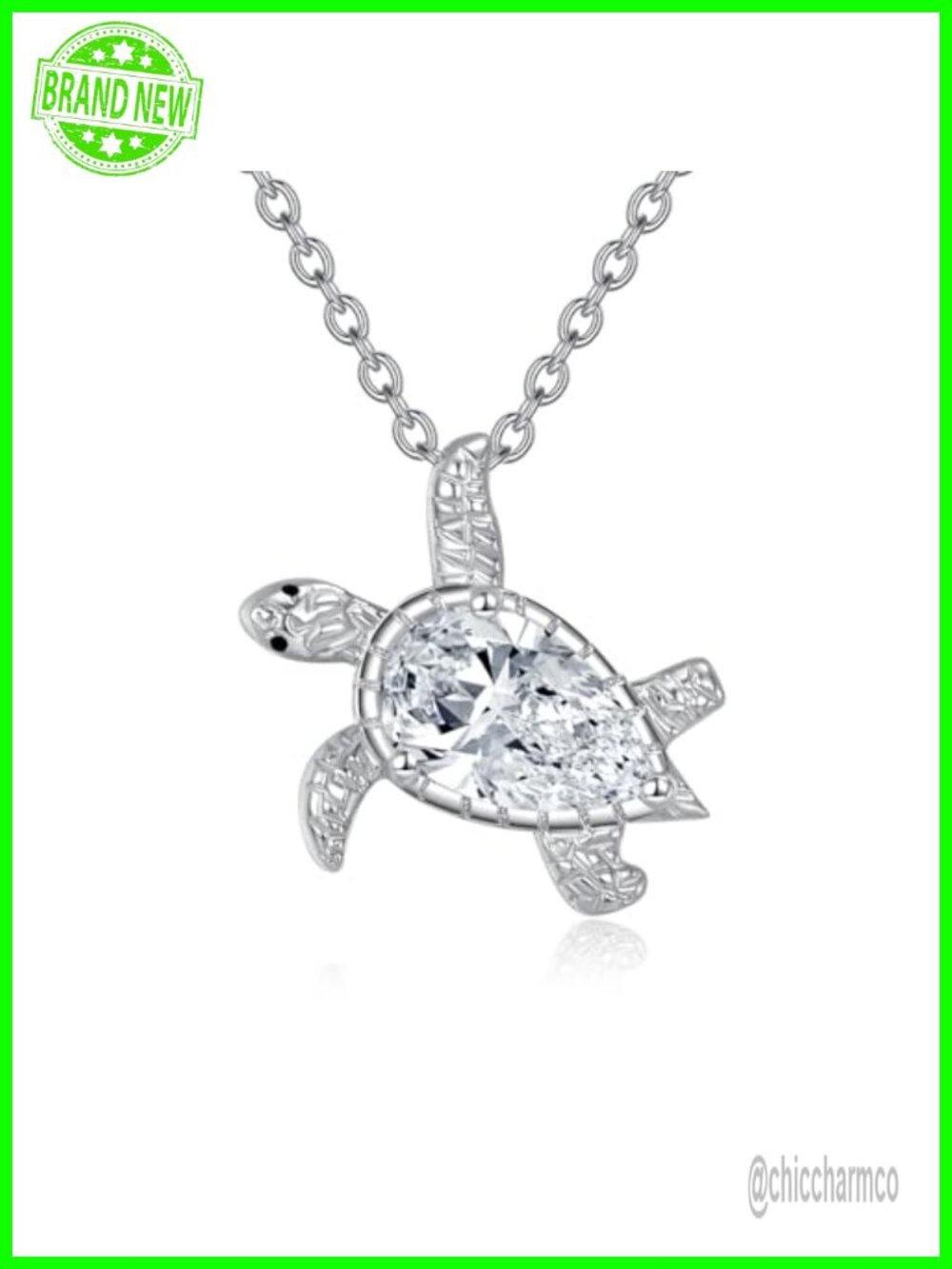 Sterling Silver Moissanite Turtle Pendant Necklace 18-20 Inch Adjustable Chain
